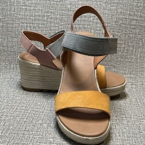 Sorel Tri-Color Suede Espadrille Wedges - Mustard, Blush & Gray size 7.5
